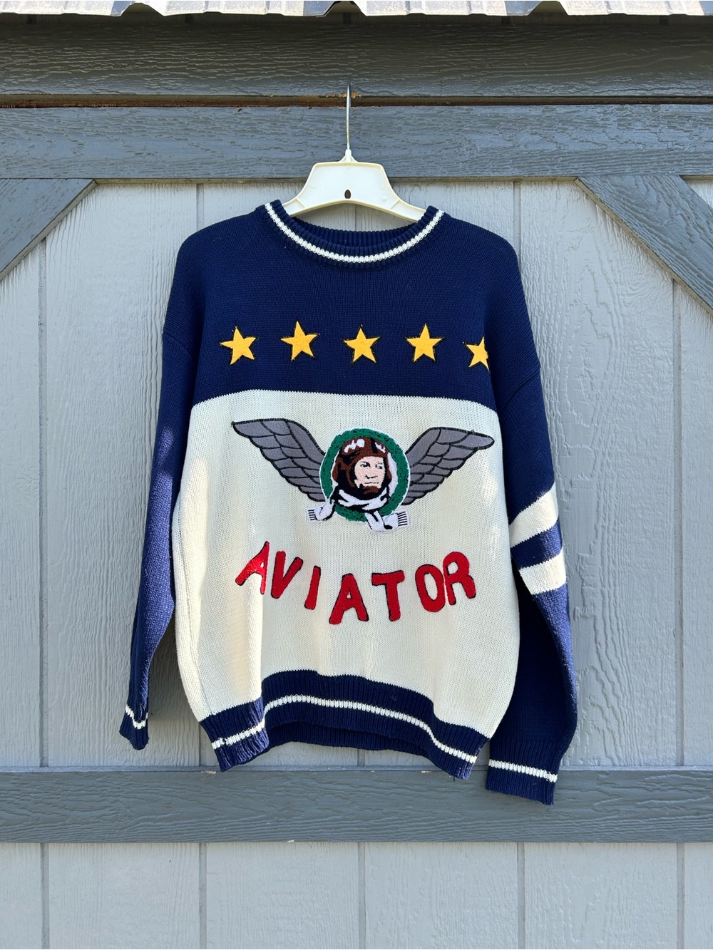 Vintage Aviator Style Knit Sweater w/ Patches • Collared • Size 14/16 (Rare)